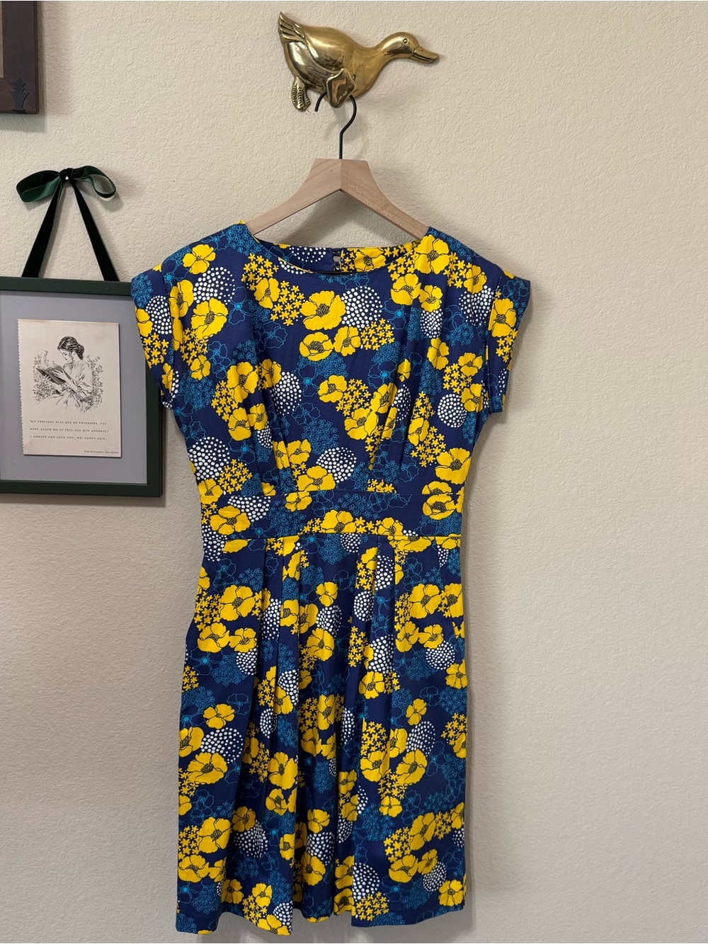 HEROINES | Women's Blue & Yellow Floral Fit-and-Flare Dress Size 8